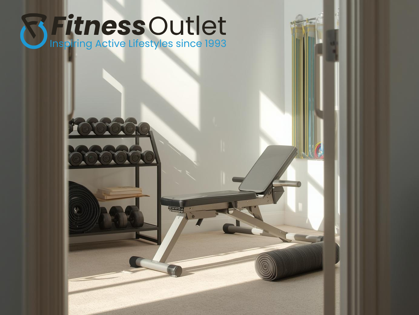 home gym with bench, yoga mat, dumbbells