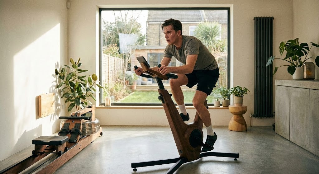 person working out on bike in living room