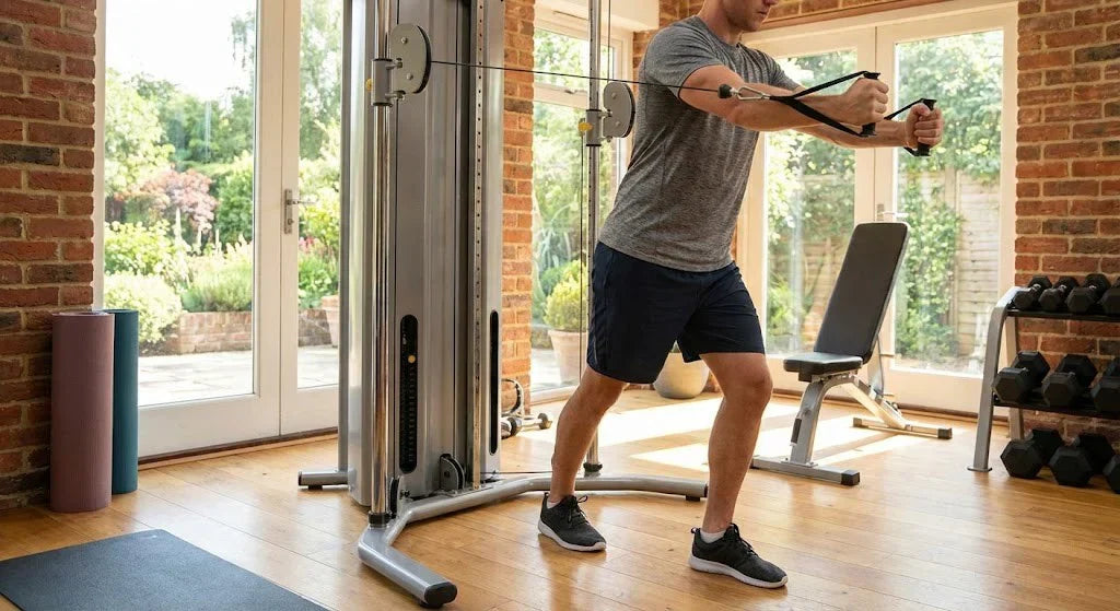 person using strength equipment in home gym