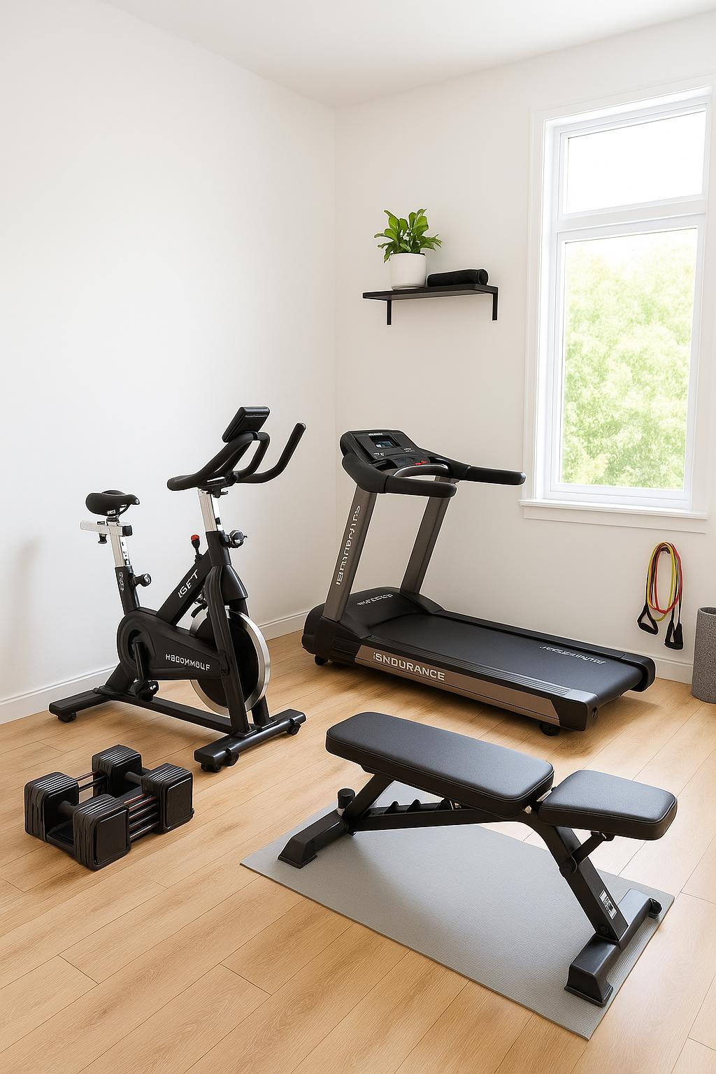 Small workout space with treadmill, bike, bench, dumb bells