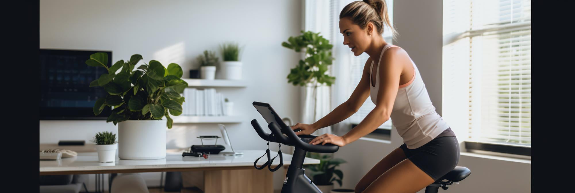 Woman using bike in home gym