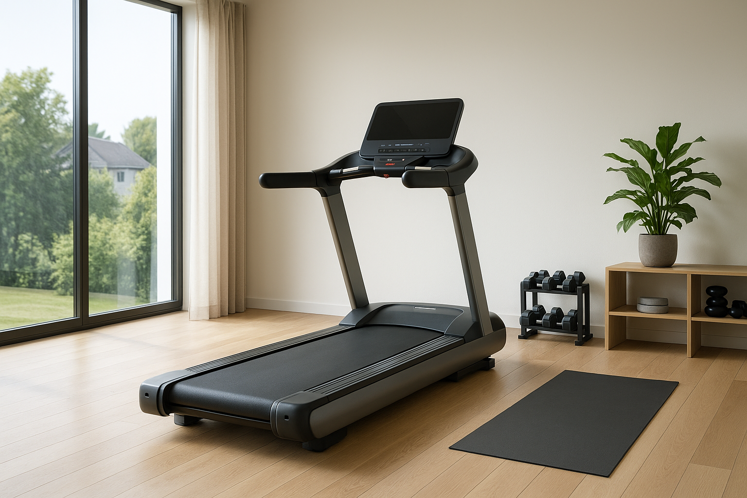 Treadmill in home gym with yoga mat