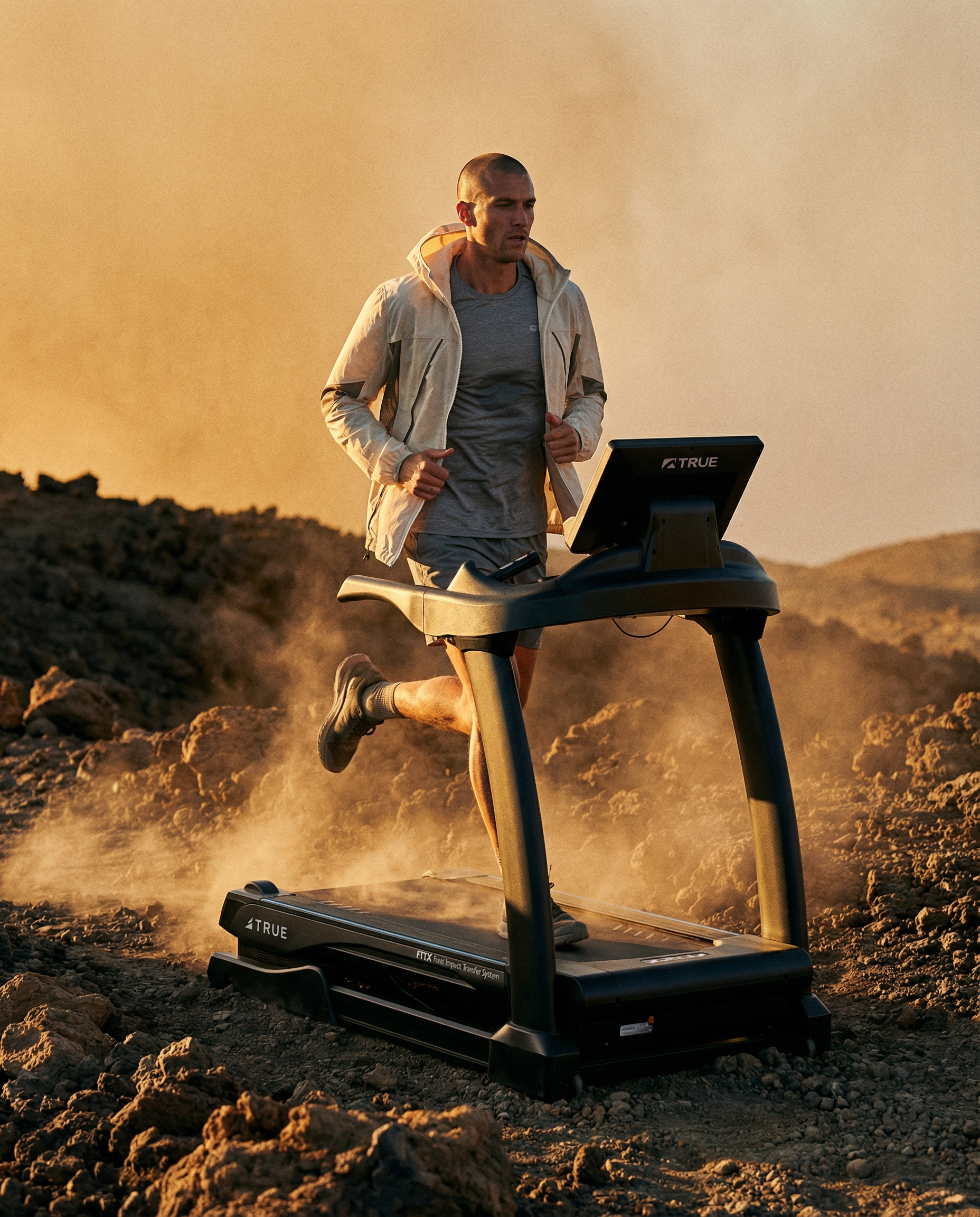 man running on true alpine treadmill outside