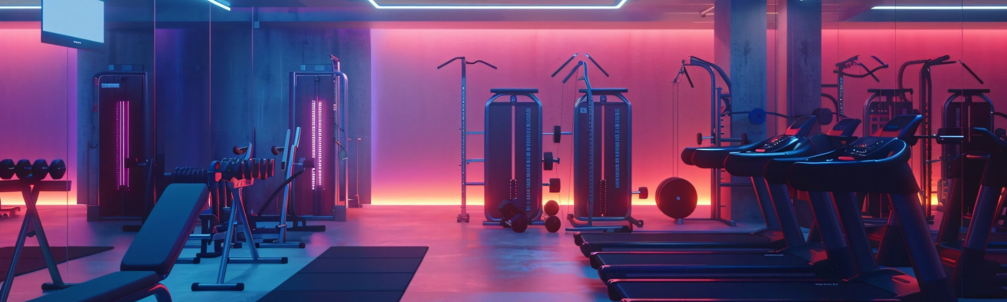 Commercial gym with benches, weights, cardio machine