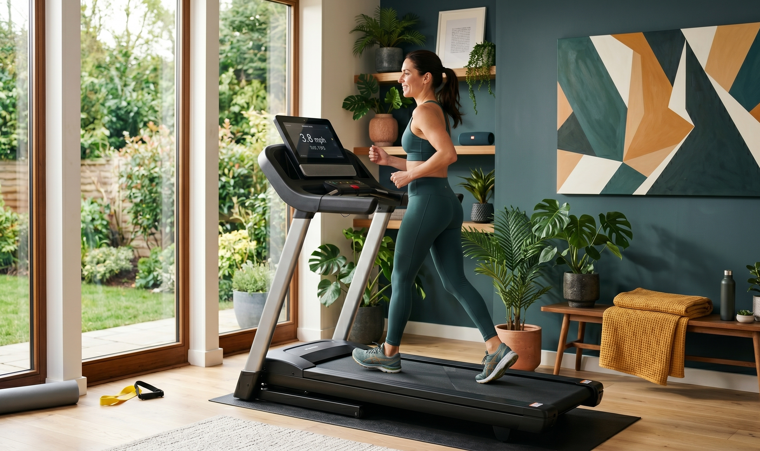 Individual Walking on a Treadmill in a Modern Home