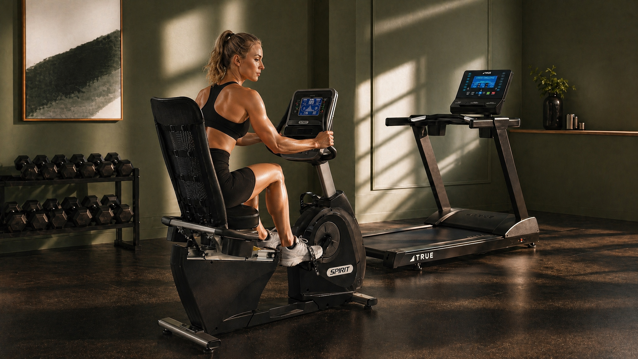 woman on a bike in a home gym