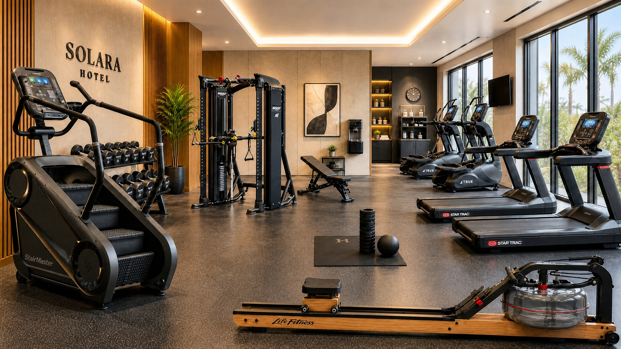 image of hotel gym with strength and cardio stations