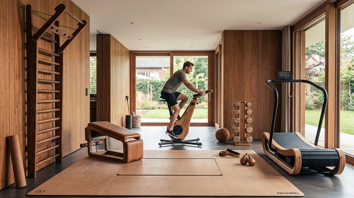 A home gym featuring all NOHRD strength and cardio products in the same vintage wood finish