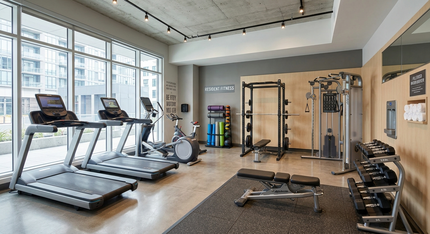 A clean and modern apartment gym featuring some cardio and strength items