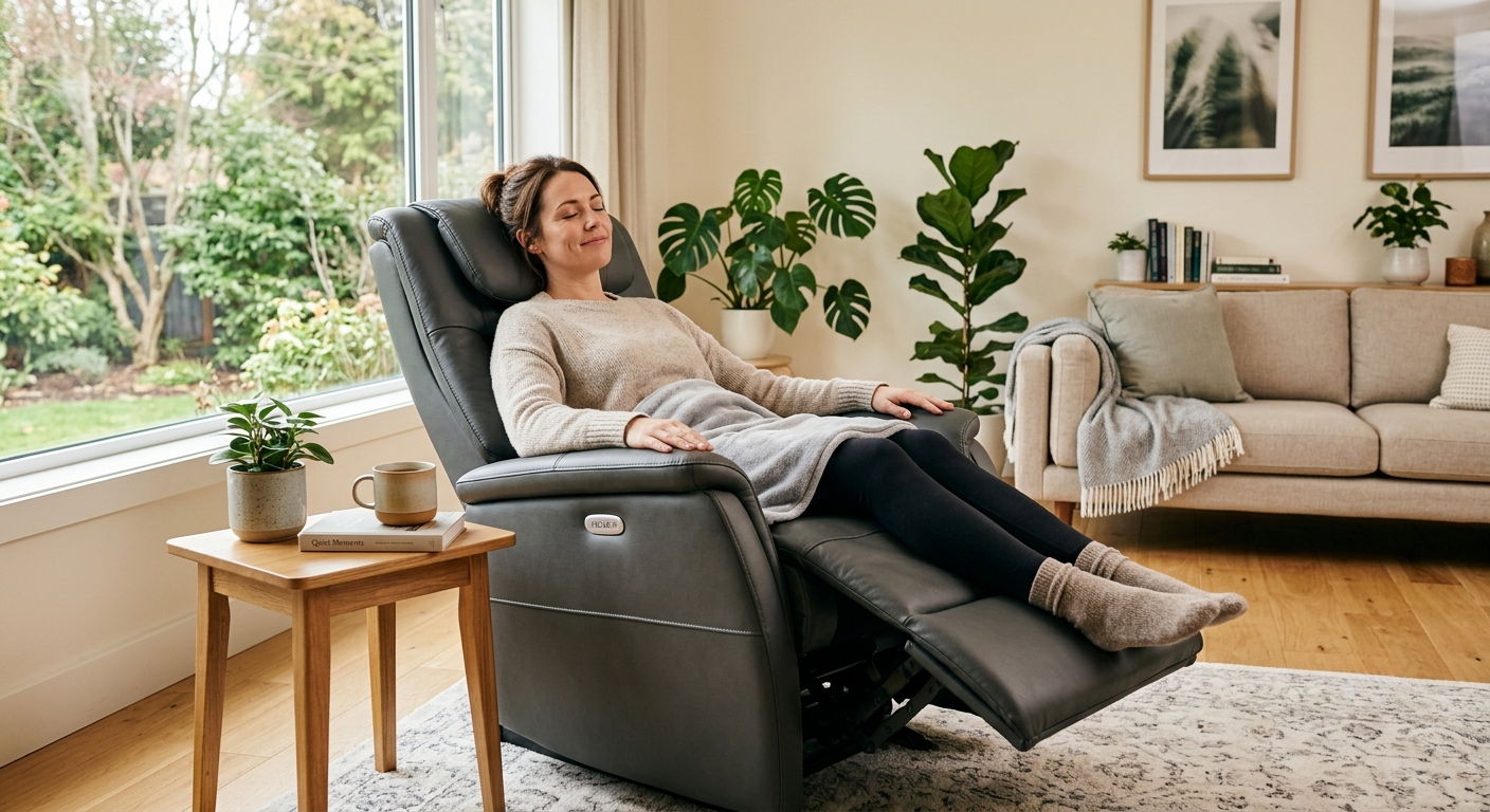 Individual relaxing in a massage chair in a clean modern living area