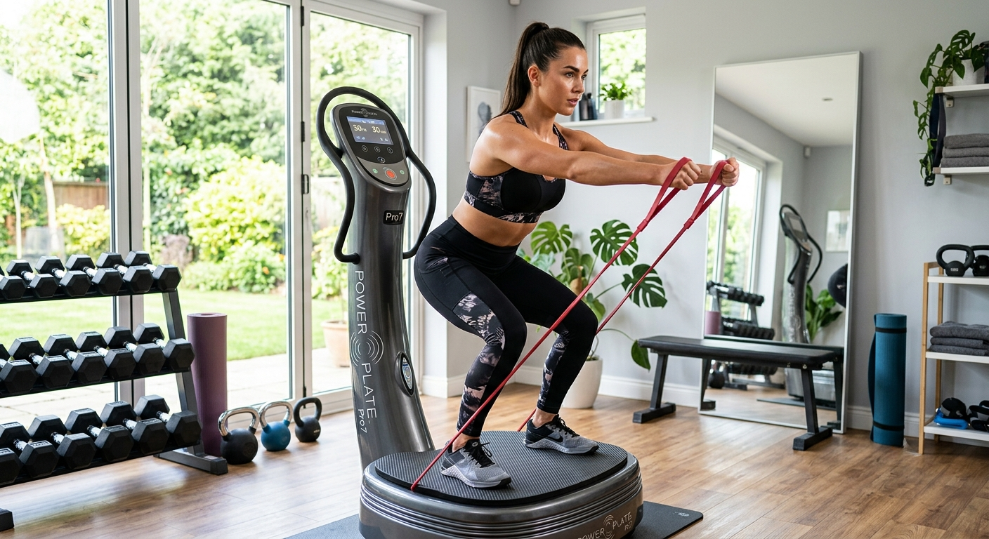 Individual standing on a Power Plate in athletic wear, dynamic pose, bright home gym setting