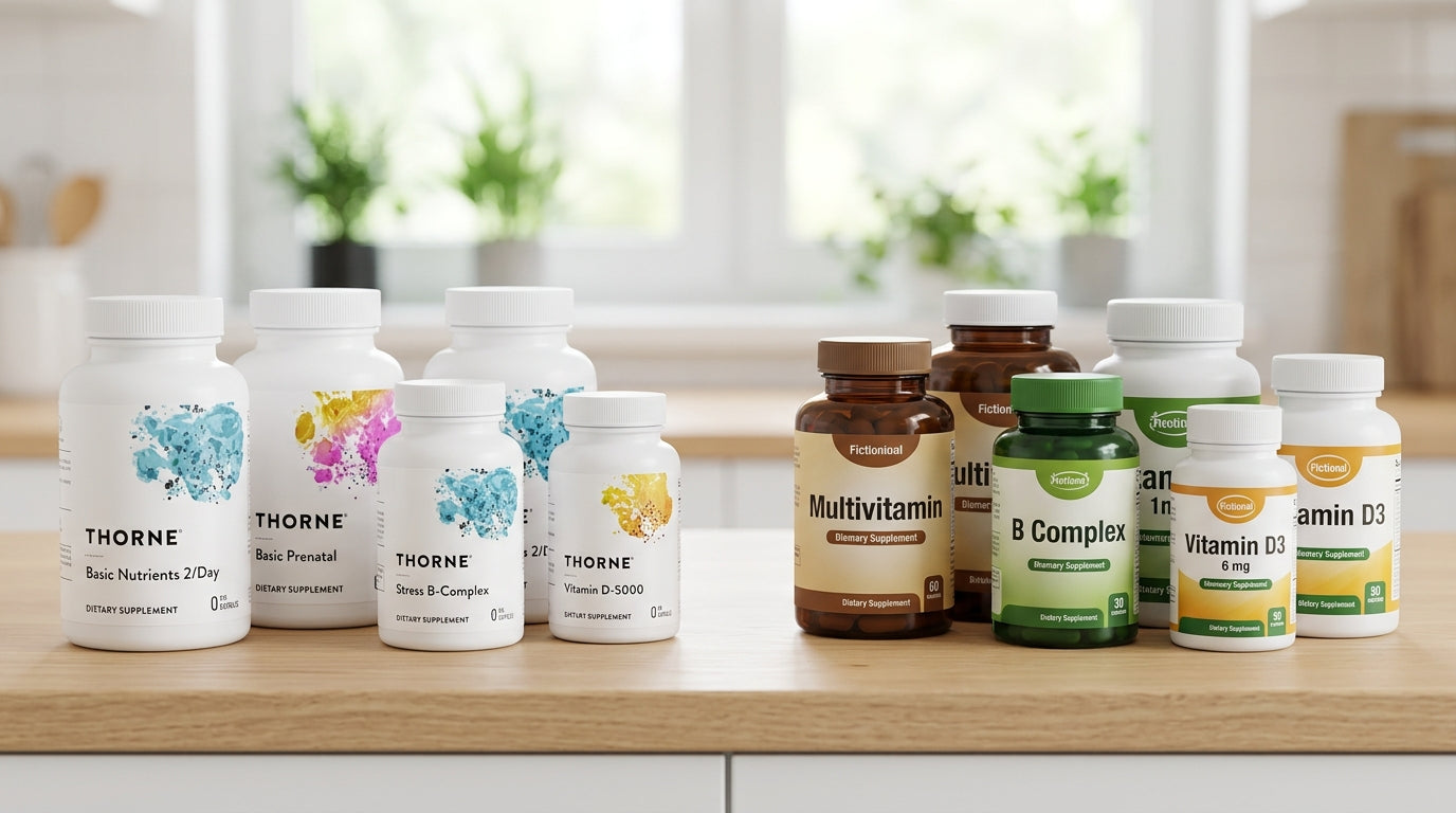 Side by side of Thorne products vs generic supplement bottles on a clean surface, natural light