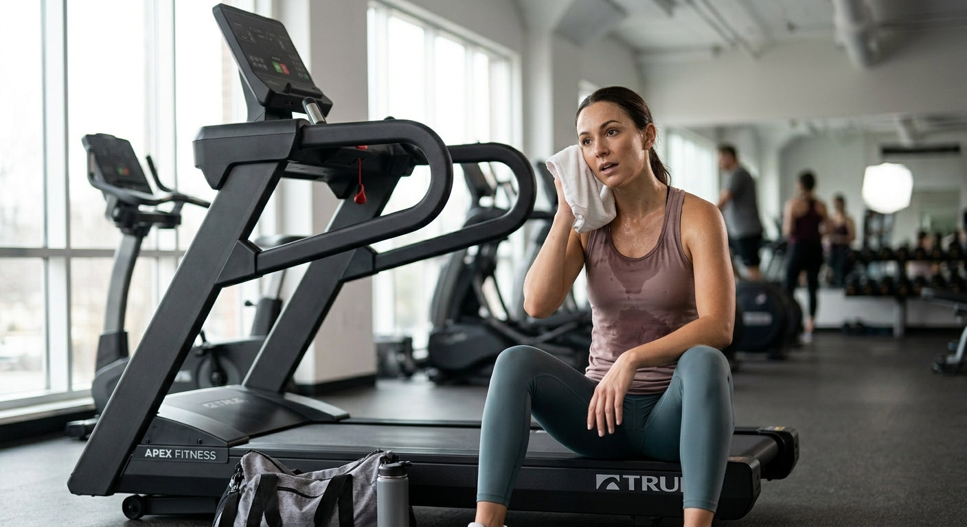 True treadmill in a clean commercial gym setting, professional feel with individual sitting on the deck after a workout