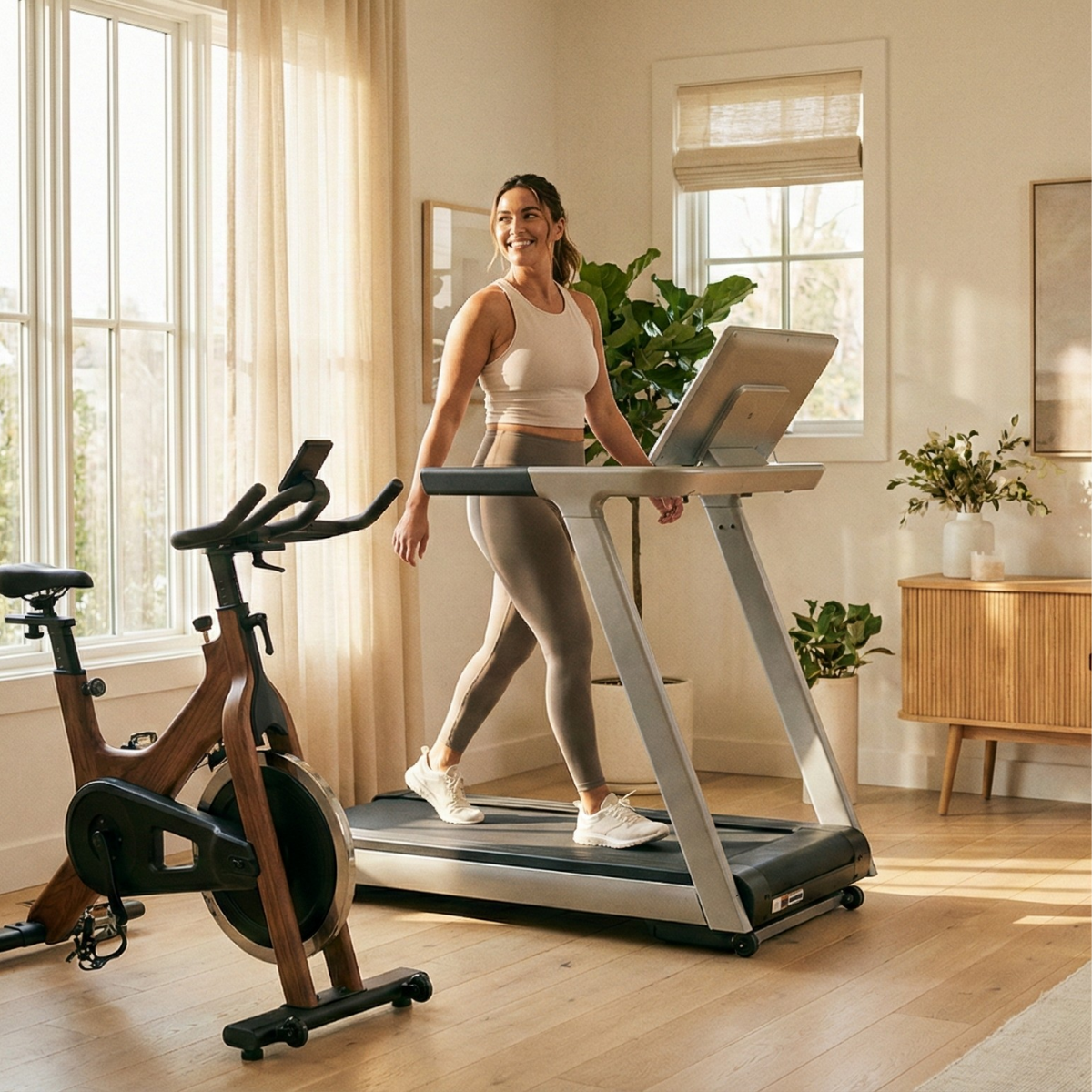 treadmill and bike in home gym