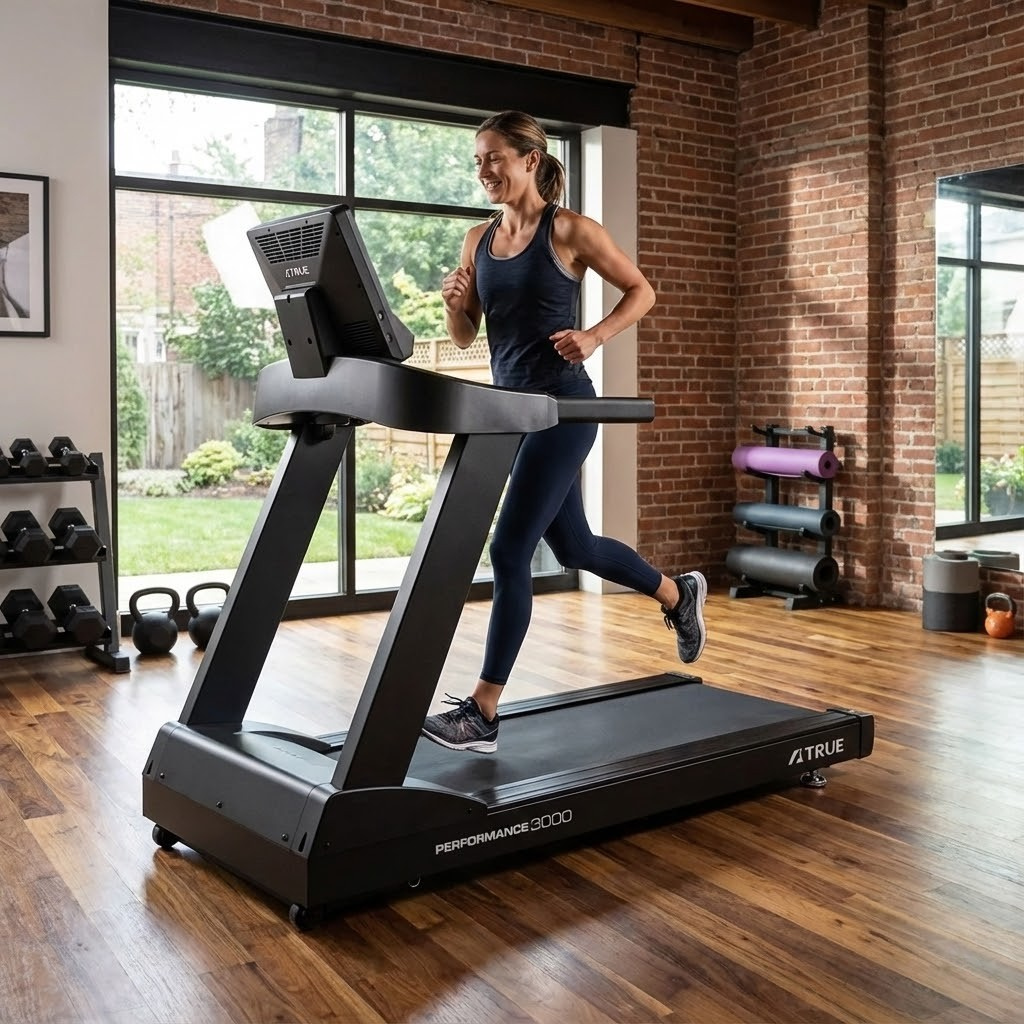 person running on a true fitness ps 3000 treadmill in home gym