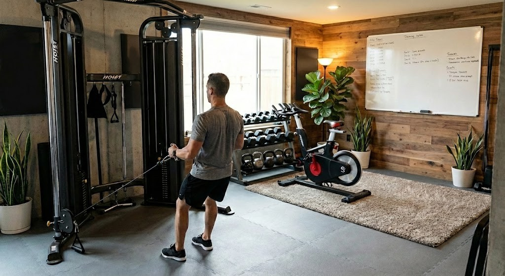 Image of life fitness bike and hoist gym in athlete training room