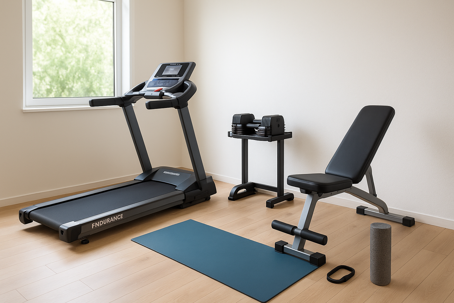 Home gym with treadmill, adjustable bench, yoga mat, and dumb bells