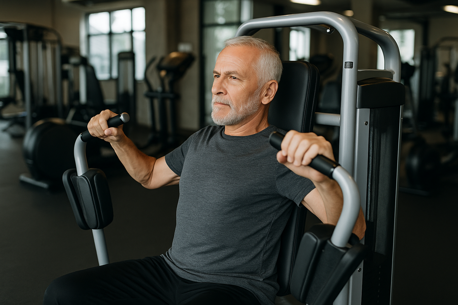 older man using weight machine