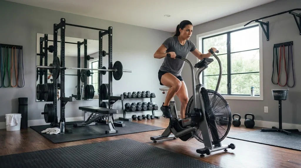 woman using indoor bike in home gym