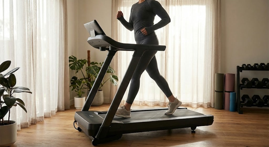 someone walking on a treadmill in home gym