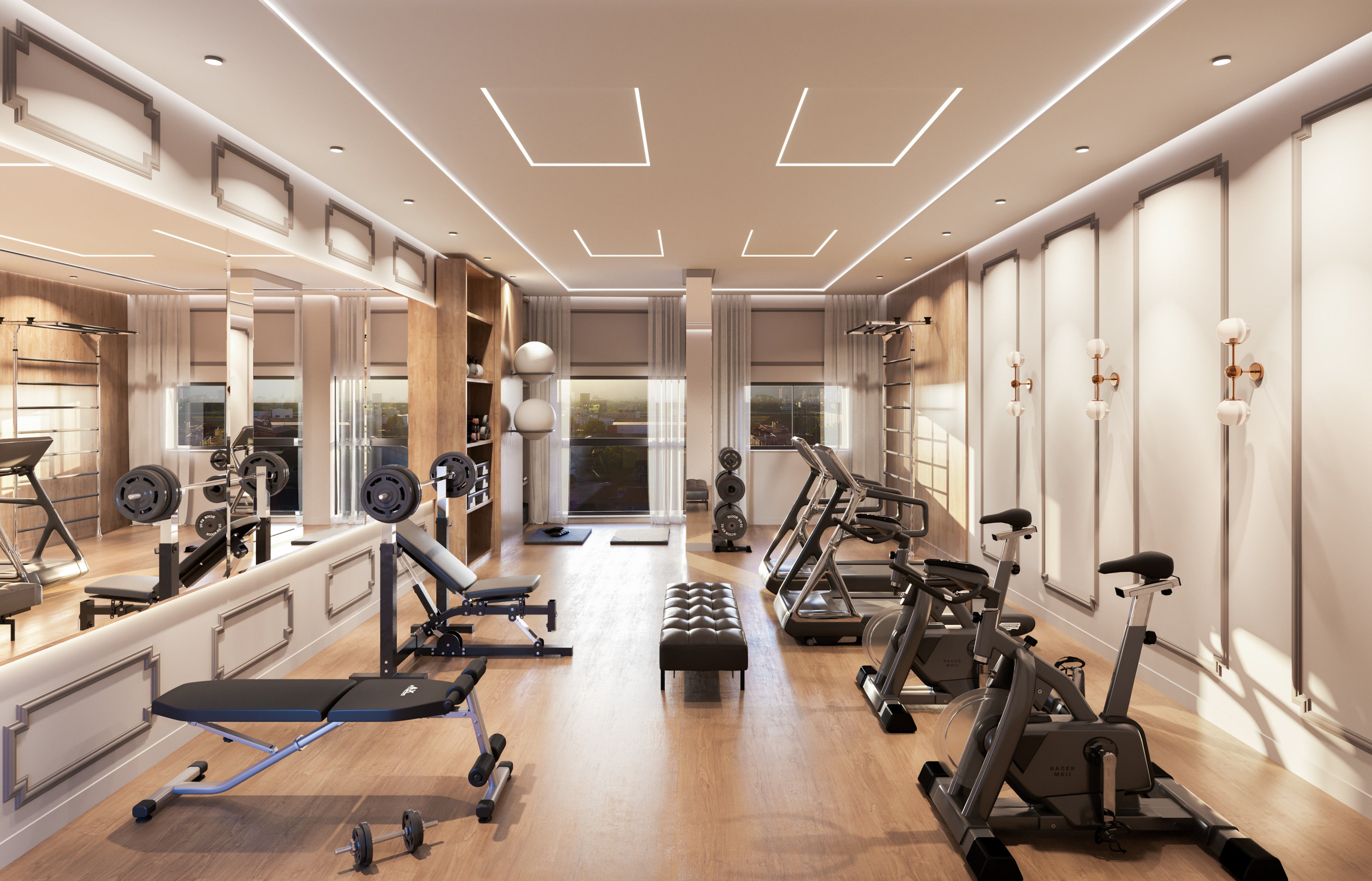 Gym wth bikes, benches mirrors, weights