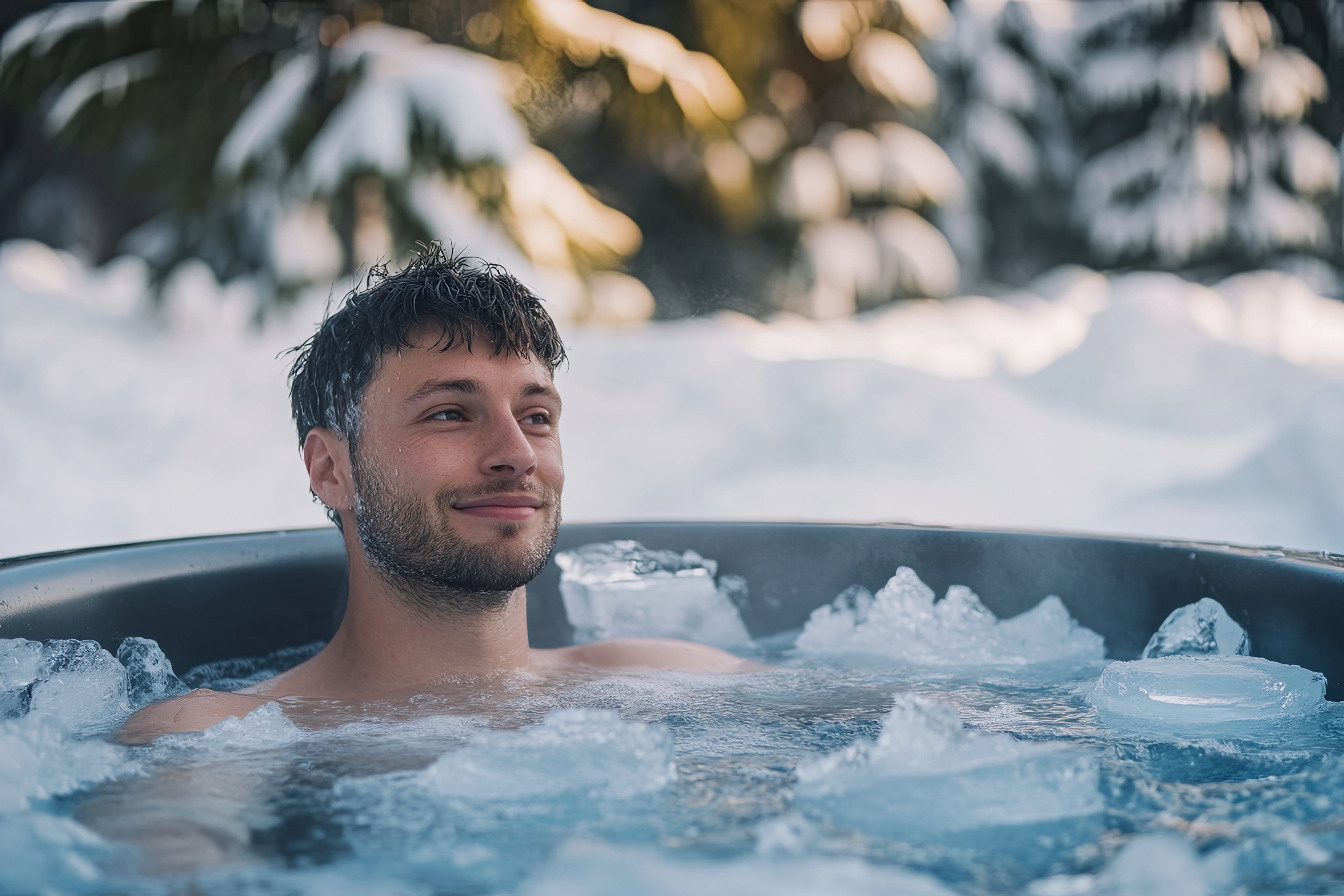 Man in a cold plunge tub