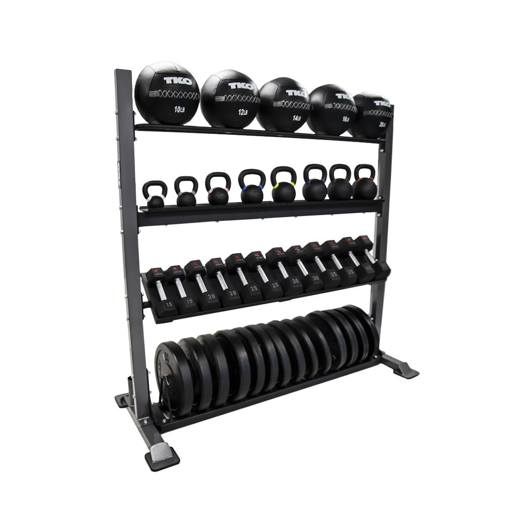 TKO Customizable Storage Rack - All Balls, Kettlebells, Dumbbells, Bumper Plates sold separately (Shown with the med/wall ball - Kettlebell - Dumbbell - Bumper Plate options)