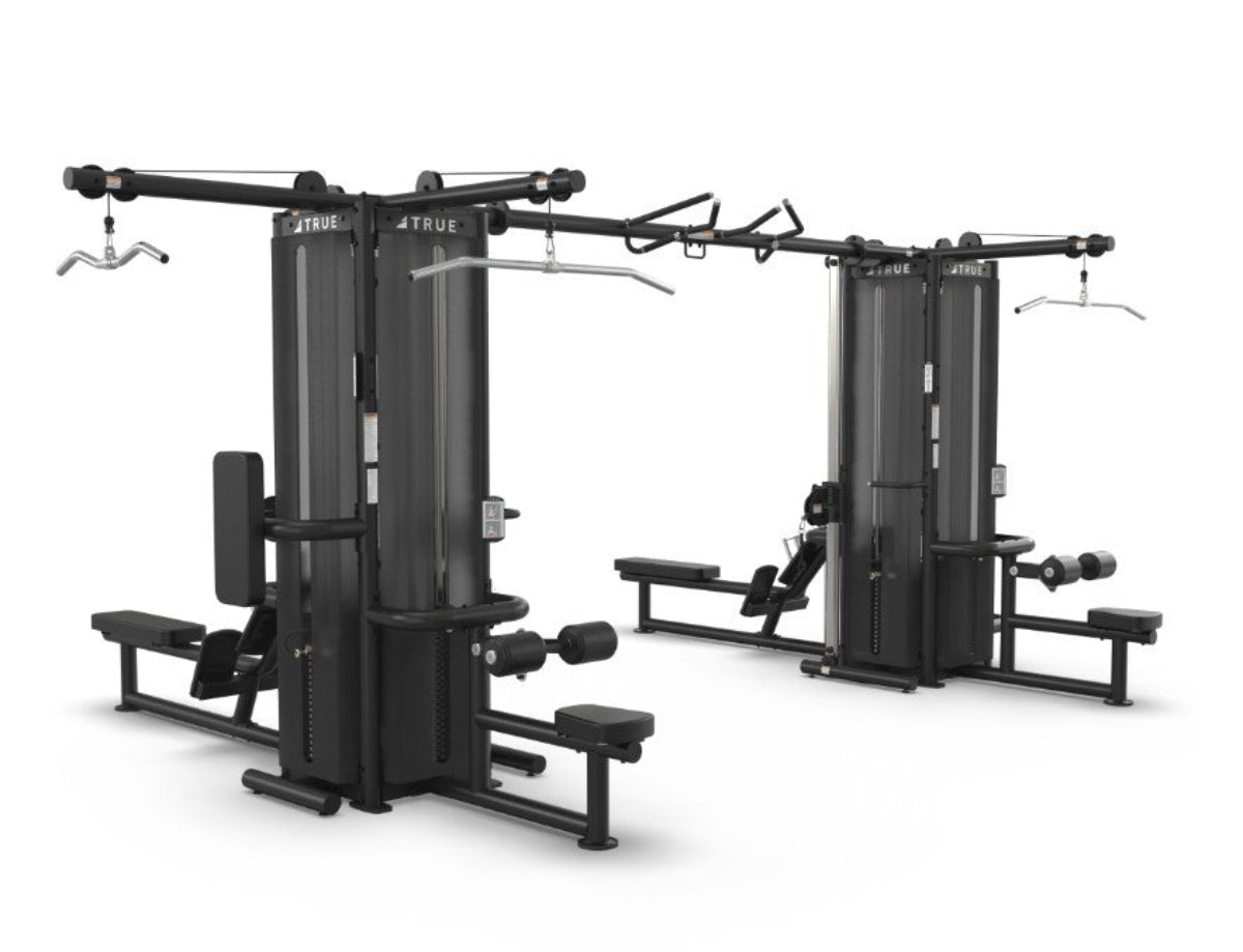True Fitness TMS8000 Dual Modular Frame With Cable Crossover (TMS8000 Shown with Optional Lat Pull Downs, Vertical Columns, Seated Rows and Shrouds)