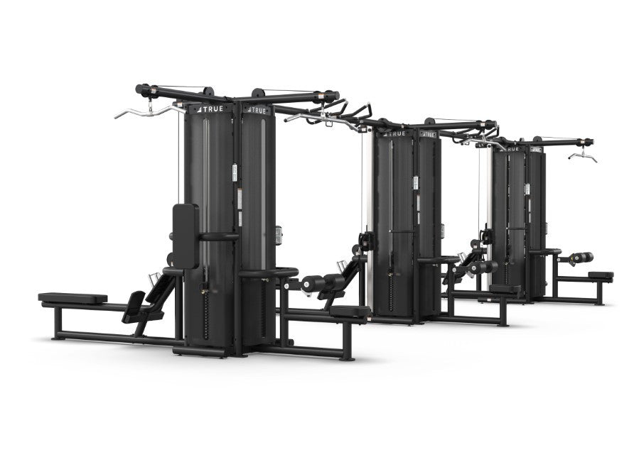 True Fitness TMS12000 3 Modular Frames With Dual Cable Crossovers (TMS12000 Shown with Optional Lat Pull Downs, Vertical Columns, Seated Rows and Shrouds)