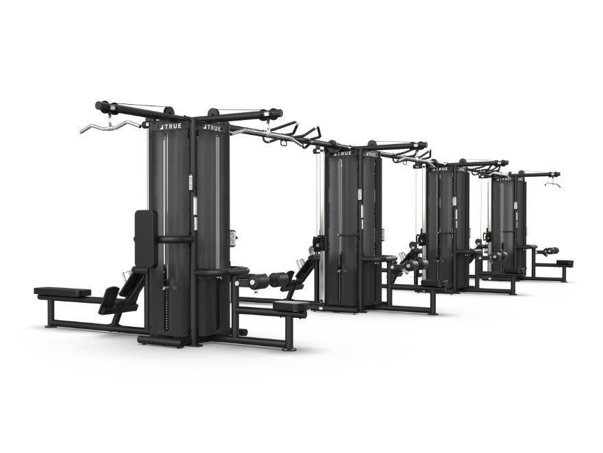 True Fitness TMS16000 4 Modular Frames With Triple Cable Crossovers (TMS16000 Shown with Optional Lat Pull Downs, Vertical Colums, Seated Rows and Shrouds)