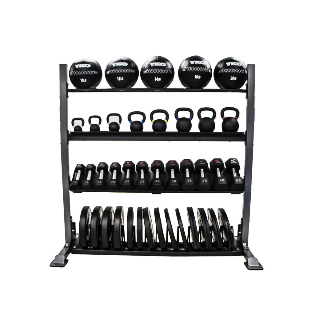 TKO Customizable Storage Rack - All Balls, Kettlebells, Dumbbells, Bumper Plates sold separately (Shown with the med/wall ball - Kettlebell - Dumbbell - Bumper Plate options)