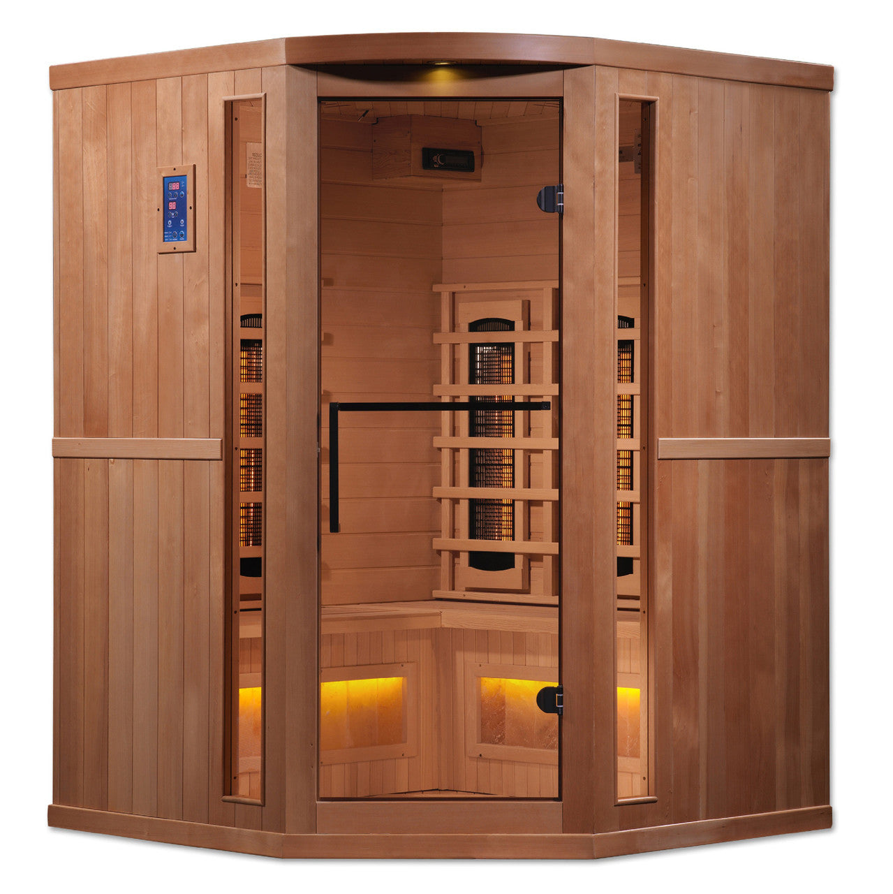 Golden Designs 3-Person Corner Full Spectrum PureTech™ Near Zero EMF FAR Infrared Sauna with Himalayan Salt Bar (Canadian Hemlock)