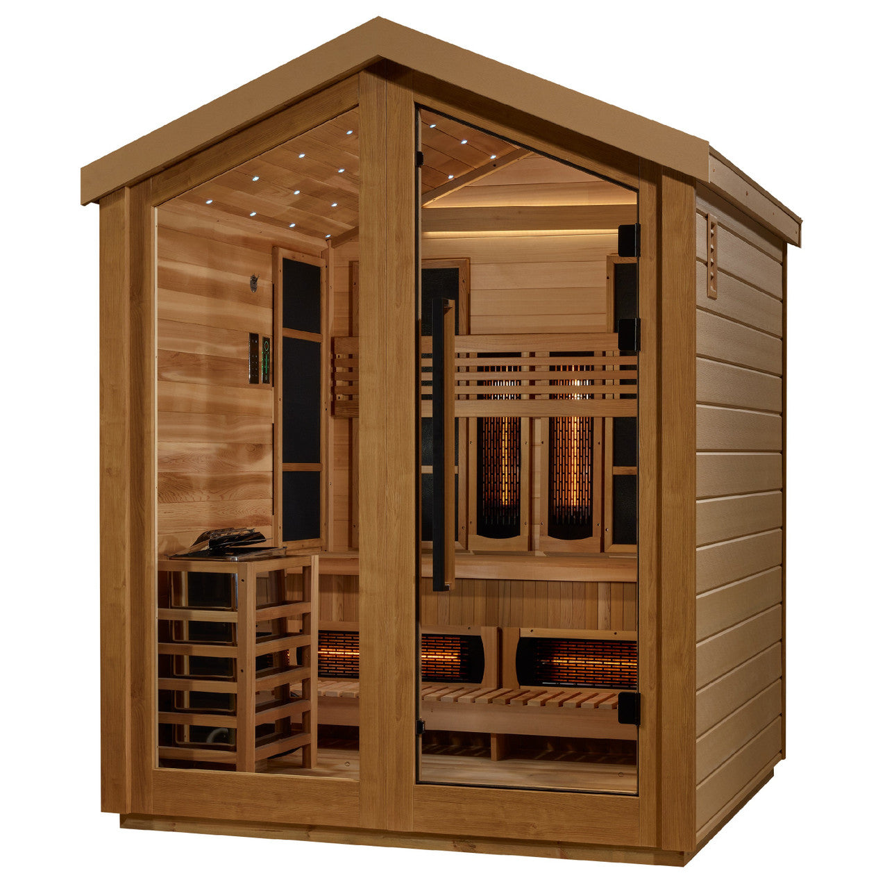 Golden Designs Loviisa 3 Person Hybrid (PureTech™ Full Spectrum IR or Traditional Stove) Outdoor Saunaa (GDI-8523-01) - Canadian Red Cedar Interior