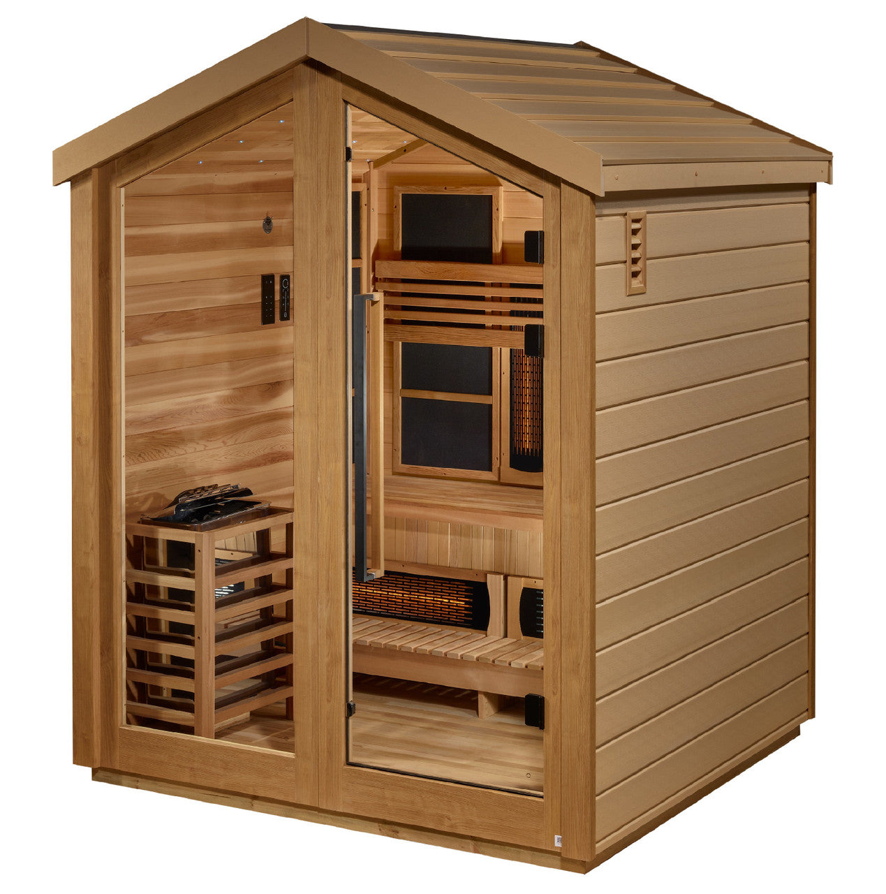 Golden Designs Loviisa 3 Person Hybrid (PureTech™ Full Spectrum IR or Traditional Stove) Outdoor Saunaa (GDI-8523-01) - Canadian Red Cedar Interior