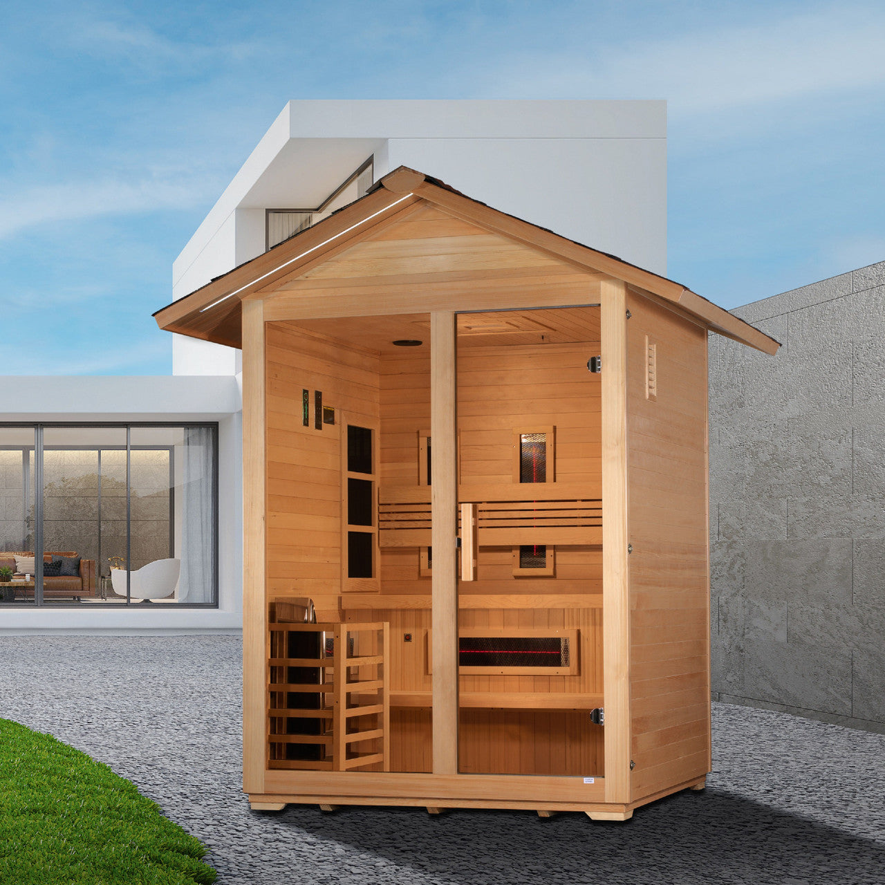 Golden Designs "Carinthia" 3 Person Hybrid (PureTech Full Spectrum IR or Traditional Stove) Outdoor Sauna - Canadian Hemlock