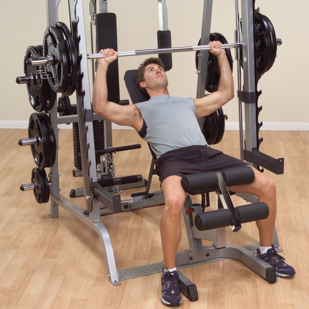 Body-Solid Series 7 Smith Gym shown with Optional Rubber Grip Olympic Weight Set