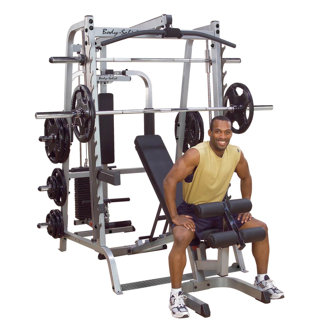 Body-Solid Series 7 Smith Gym shown with Optional Rubber Grip Olympic Weight Set