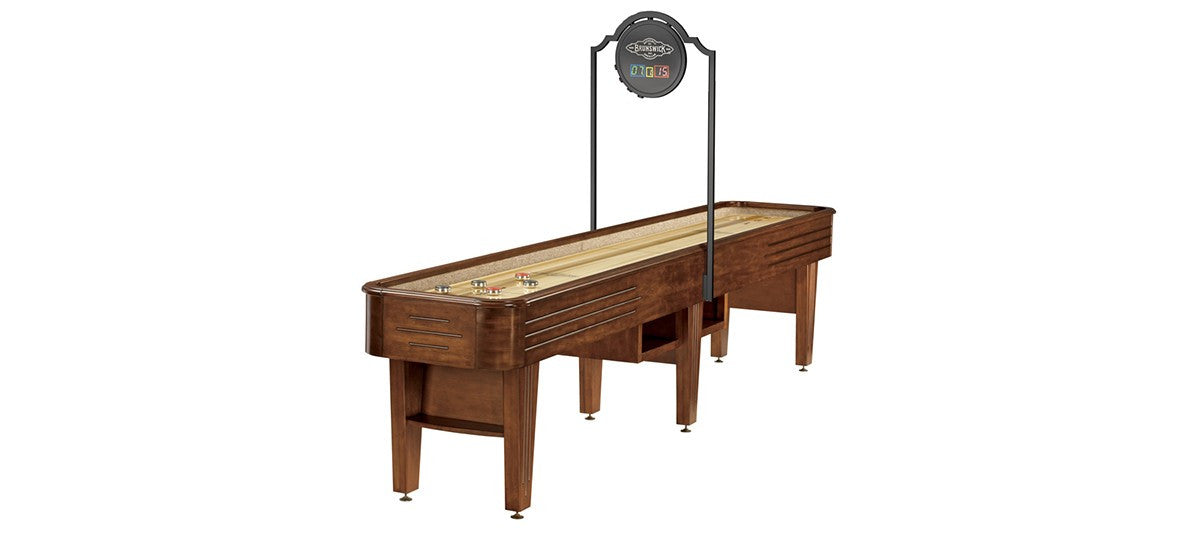 Brunswick Andover II Shuffleboard Table Shown in Chestnut with Optional Scorer