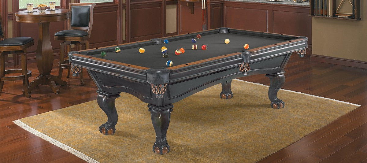 Brunswick 8 ft. Glenwood Pool Table Shown in Two Toned Matte Black & Chestnut with Talon Legs and Shield Pockets