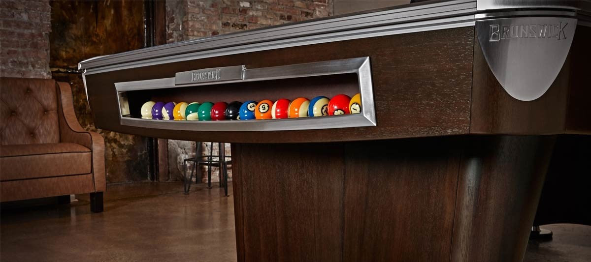 Brunswick 8 ft. Gold Crown VI Pool Table Shown in Skyline Walnut/Espresso with Nickel Trim