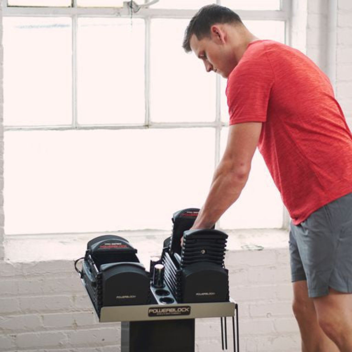 PowerBlock Pro 50 Set Dumbbell (5-50lbs) shown with Optional Stand - SOLD SEPARATELY