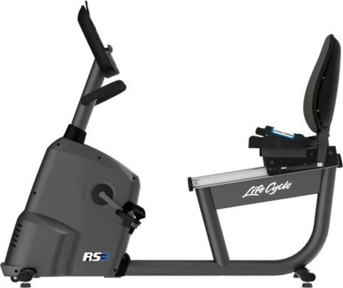Side view of Life Fitness RS3 Bike with GO Console.