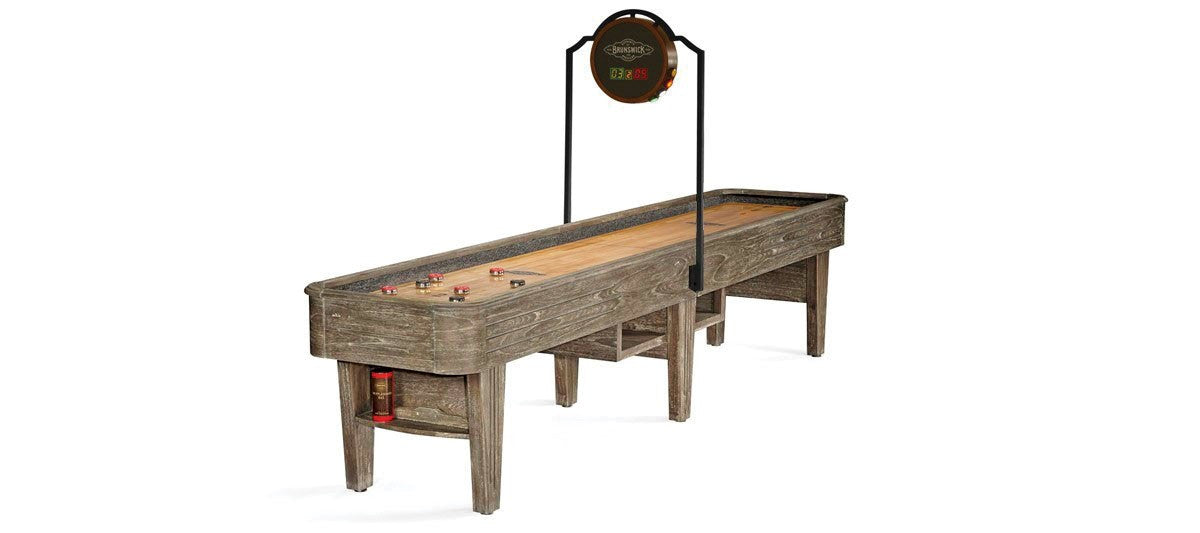 Brunswick Andover II Shuffleboard Table Shown in Driftwood Finish and Optional Scorer