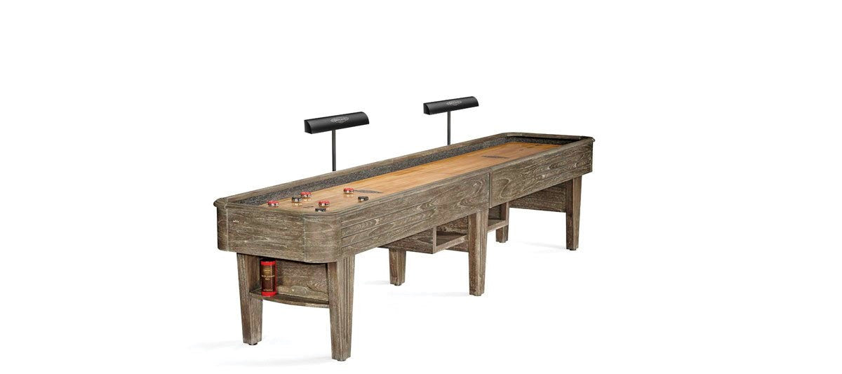 Brunswick Andover II Shuffleboard Table Shown in Driftwood Finish and Optional Light Set