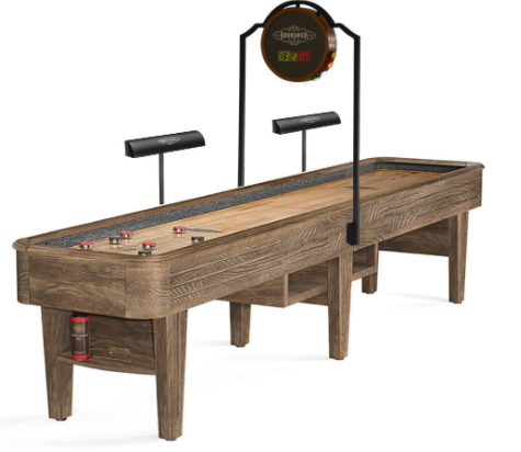 Brunswick Andover II Shuffleboard Table Shown in Rustic Dark Brown Finish and Optional Light Set and Scorer
