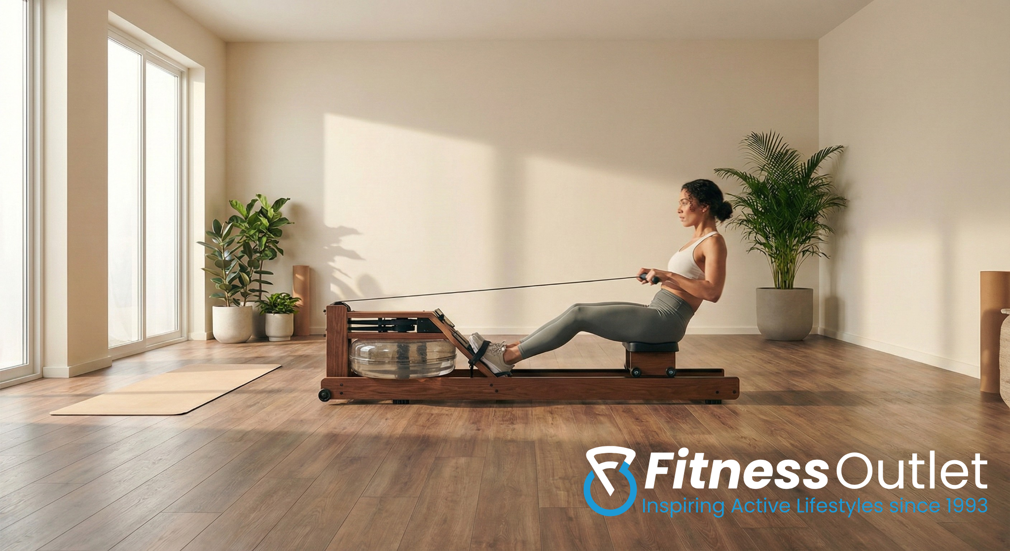 woman using waterrower in home gym
