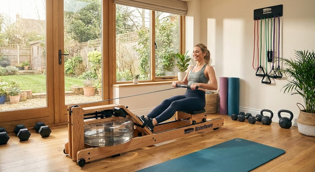 Image of woman in a home gym using a waterrower