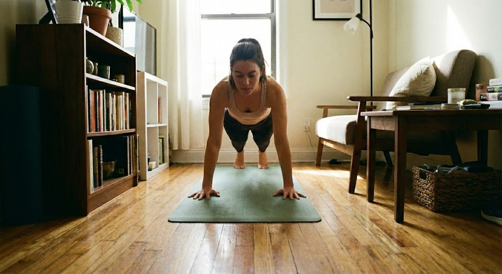 person doing bodyweight strength training in small room