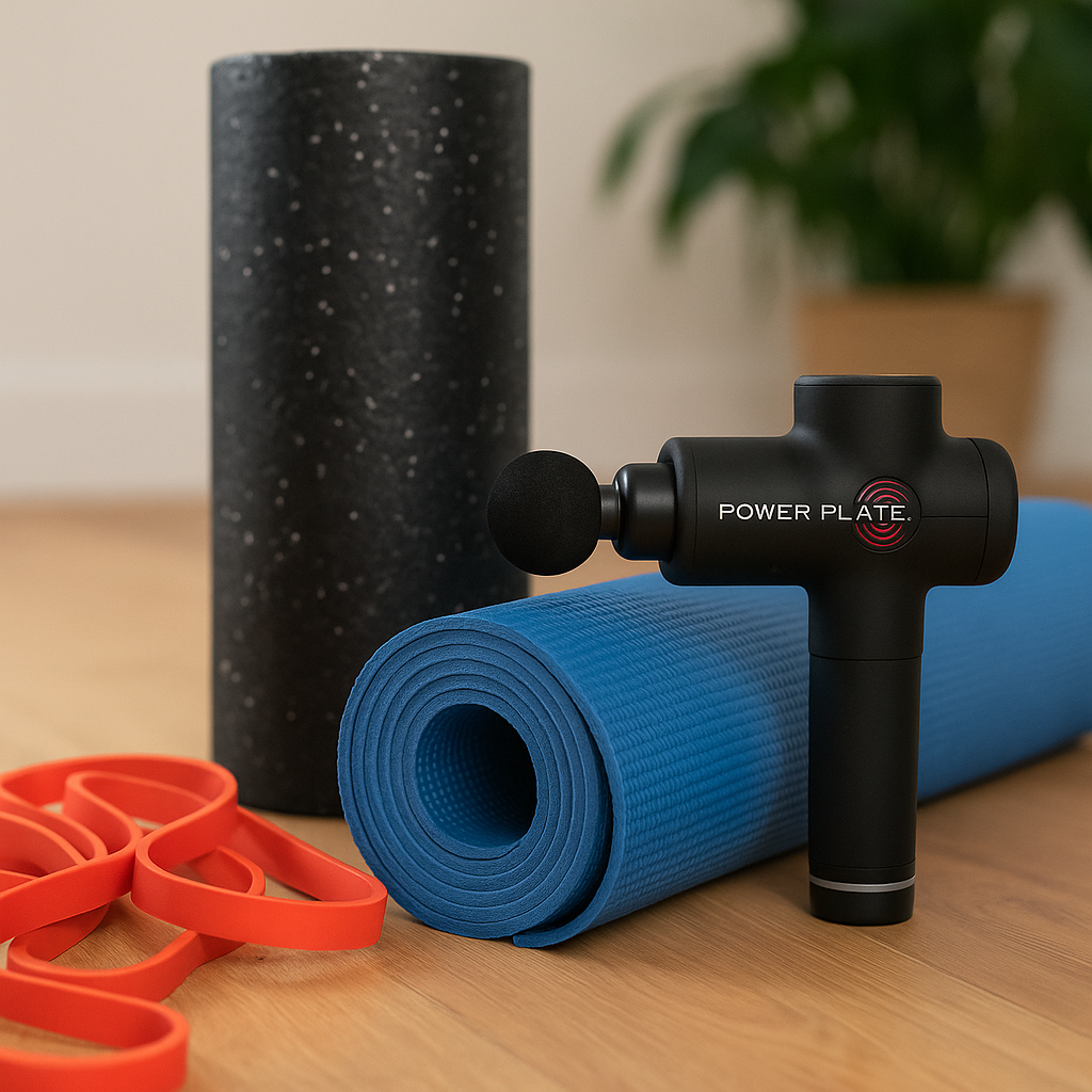 yoga mat, bands, foam roller, and handheld massager