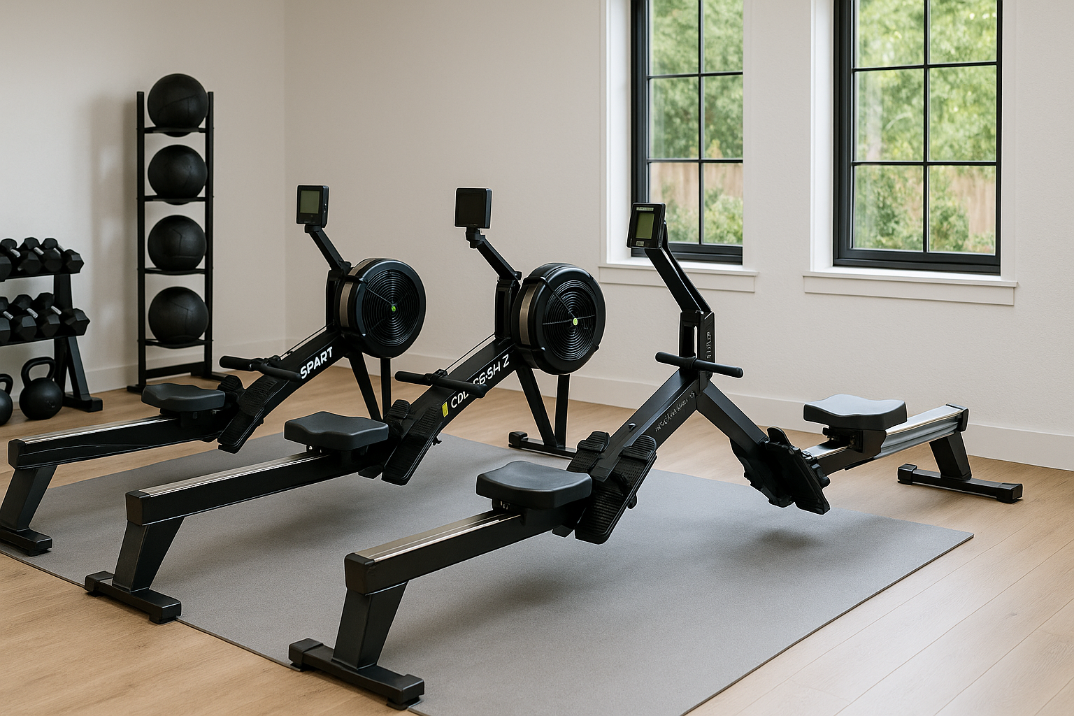 Rowers in a line with dumb bells and workout balls